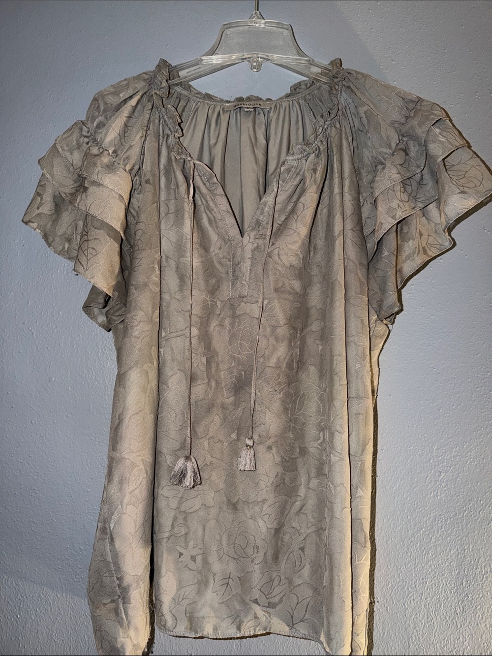 Rose & Olive Taupe Floral Ruffle Sleeve Peasant Blouse with Tassel Tie